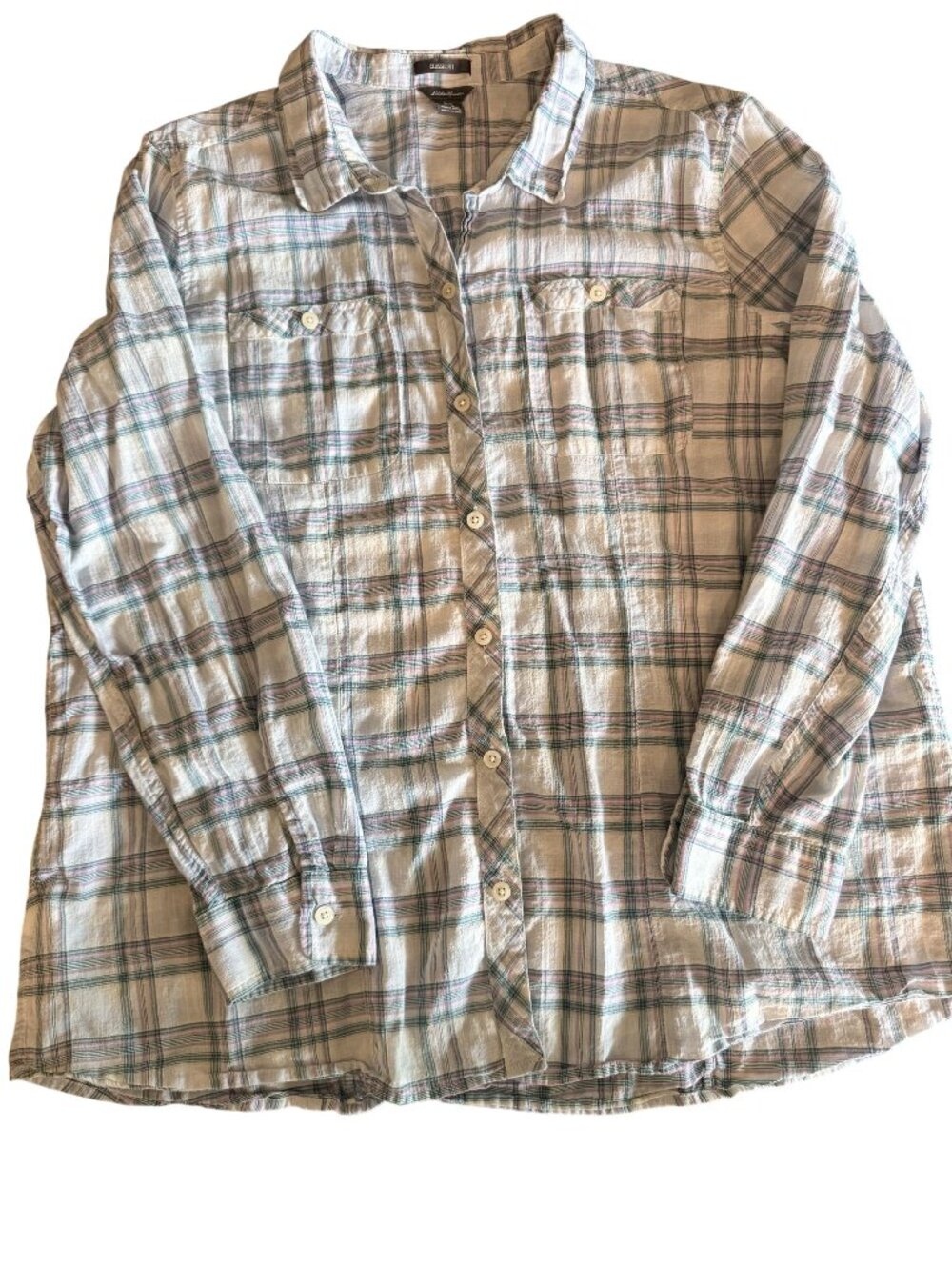 Eddie Bauer Women 2XL Classic Fit Plaid Button-Down w/Roll-Up Sleeves Pink/Grey